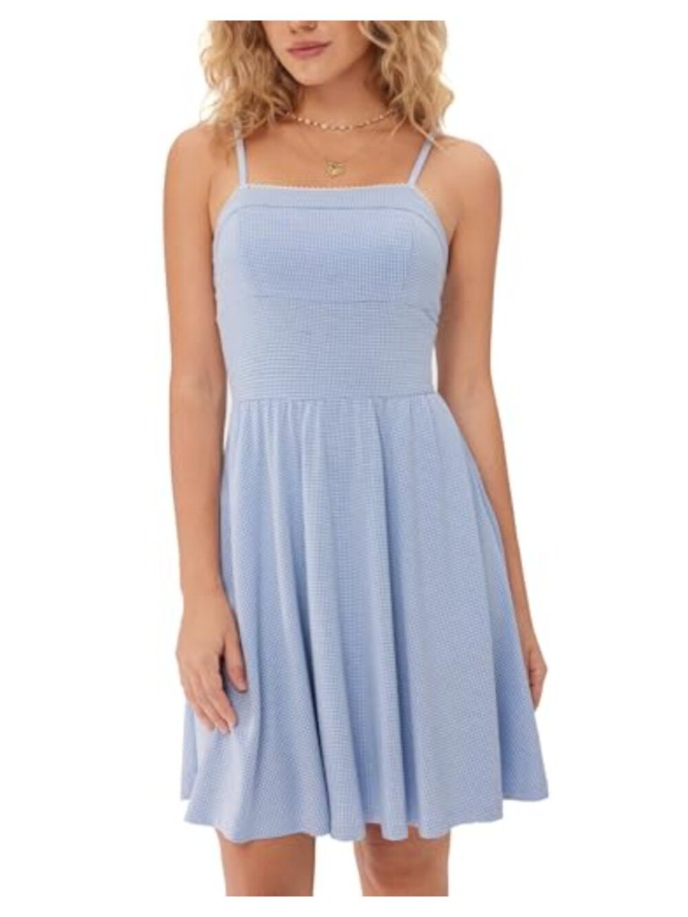 Gingham Mini Dress Summer Plaid Flowy A-Line Square Neck